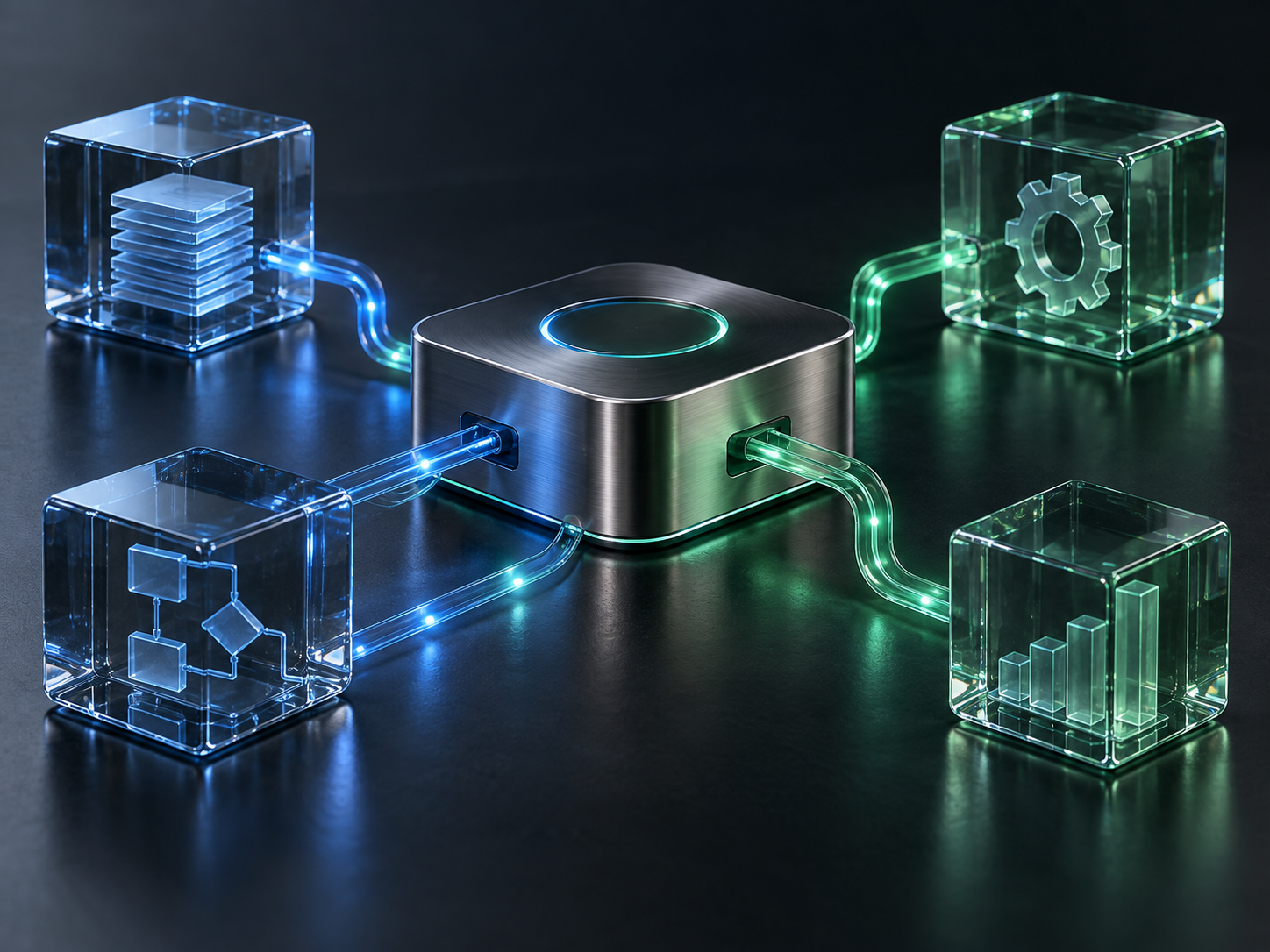 Módulos tecnológicos conectados que representan inteligencia artificial y automatización